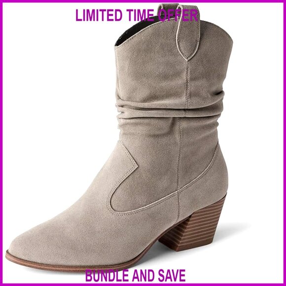 Women's Mid Calf Western Boots with Memory Foam Insole and Side Zip